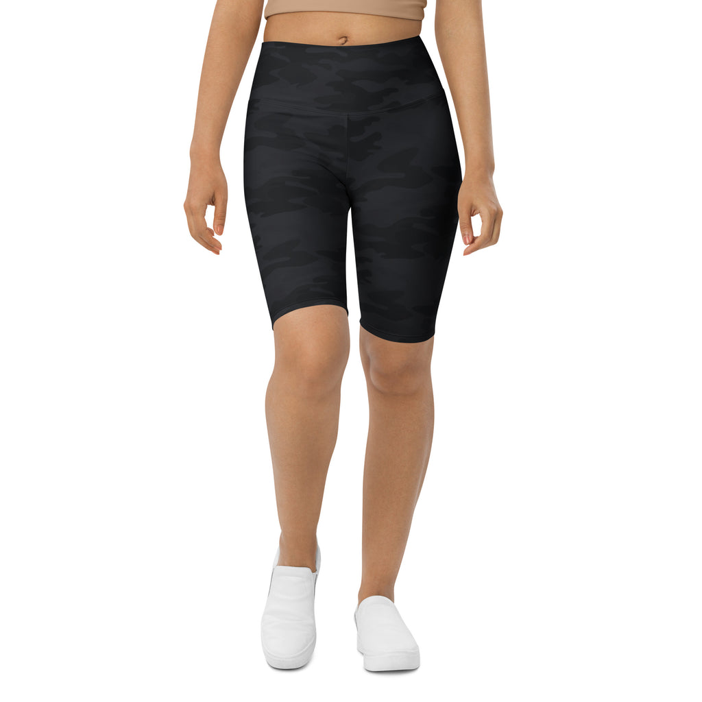 Women’s black camouflage high waisted biker shorts with moisture wicking fabric for active fit and comfort