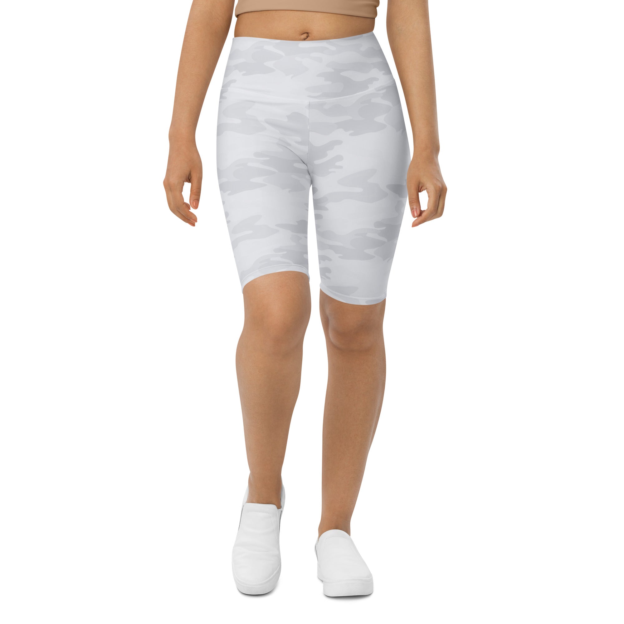 Women’s white camouflage high waisted biker shorts with moisture wicking fabric for active fit use front view