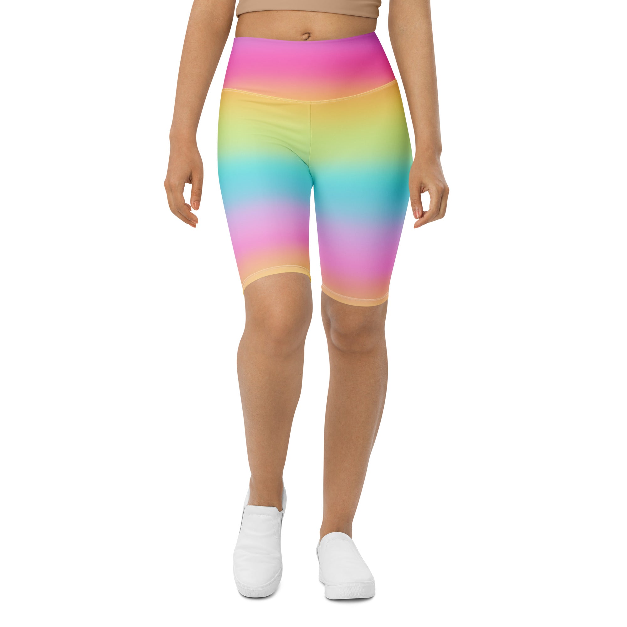 Women’s bright rainbow high waisted biker shorts in stretchy moisture wicking fabric for active fit