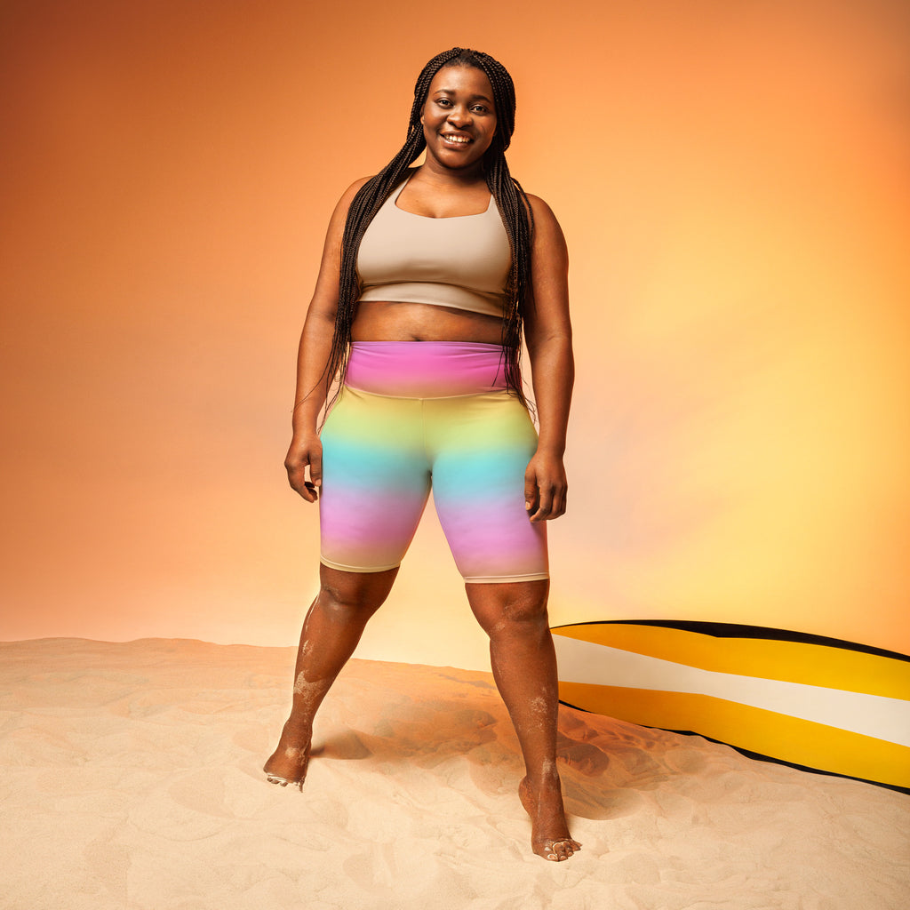 Women’s bright rainbow high waisted biker shorts with moisture wicking smooth stretchy fabric for active fit