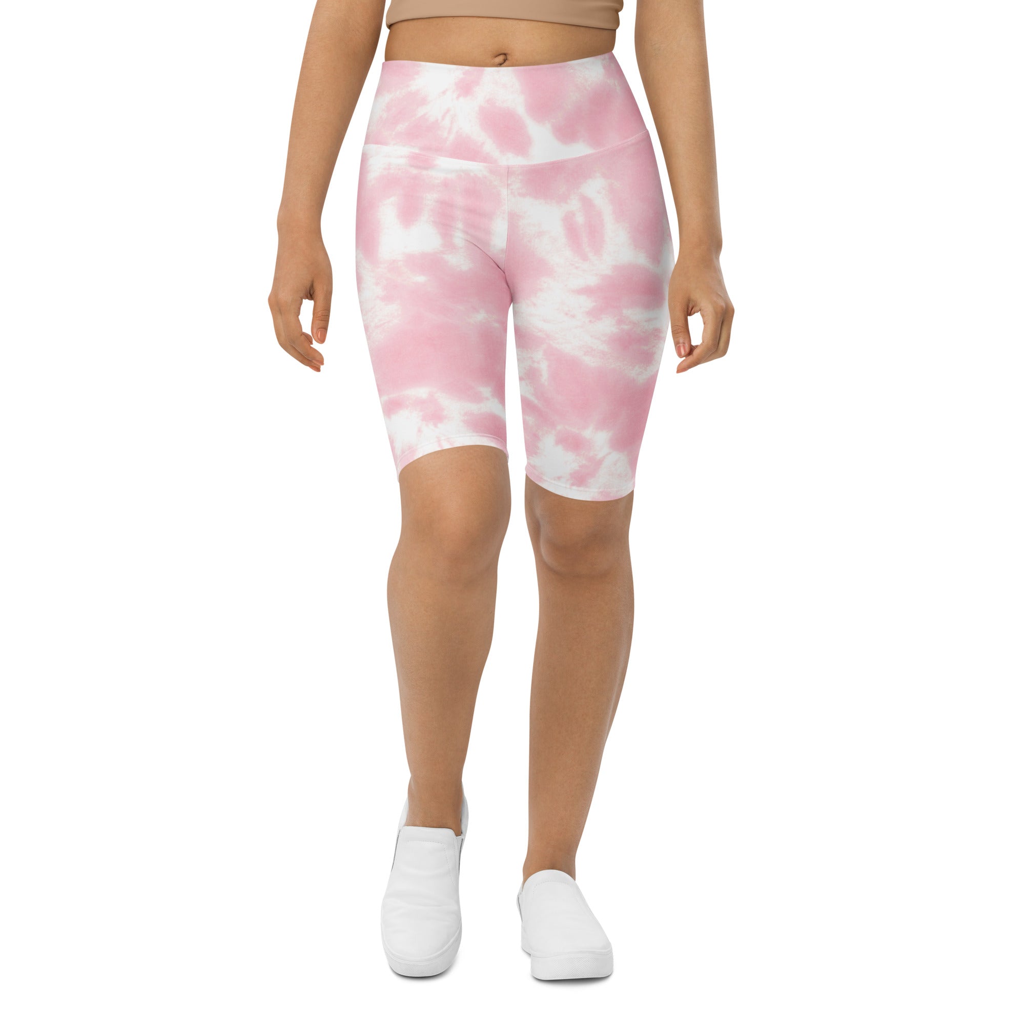 Women’s pink and white tie-dye high waisted biker shorts with moisture wicking active fit material