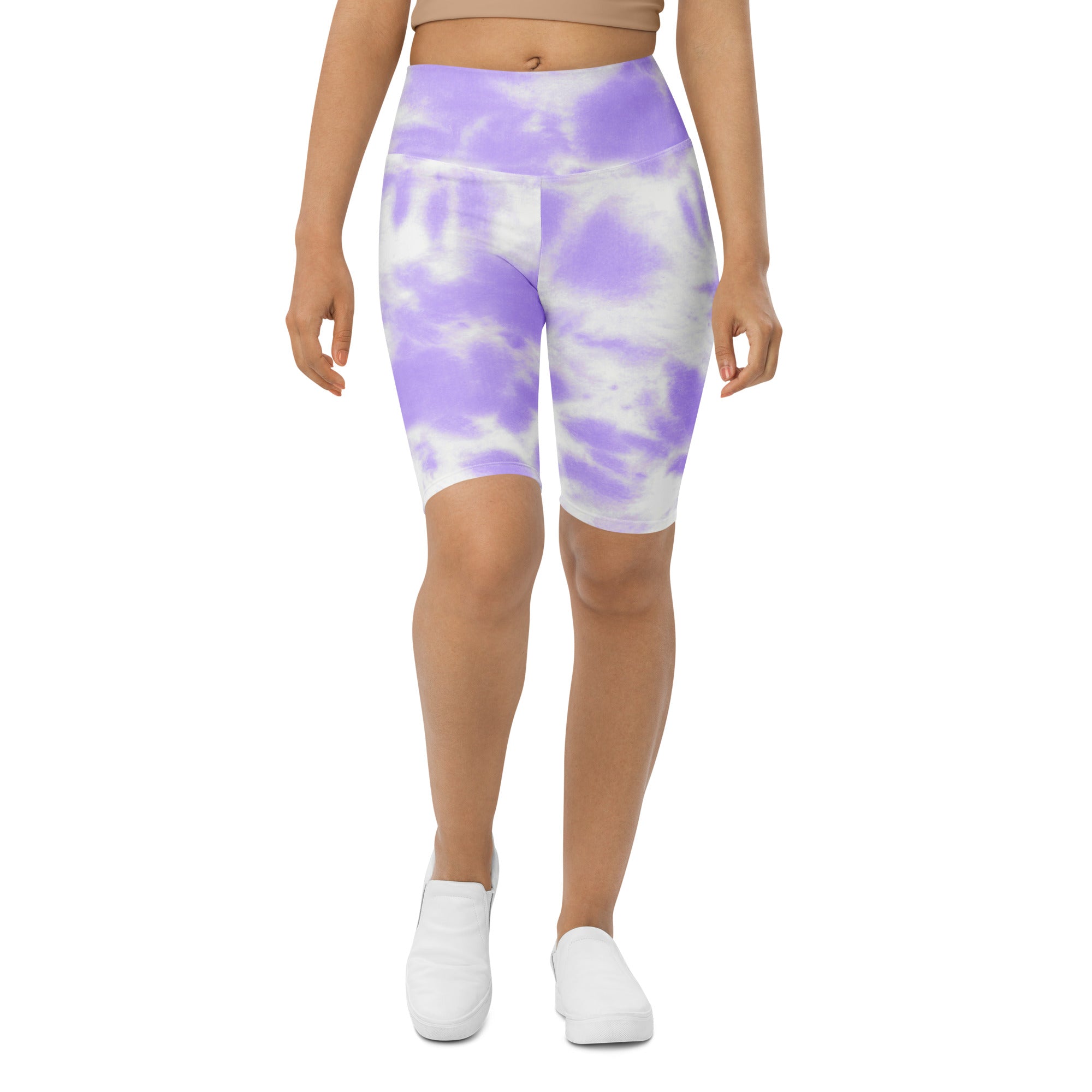Women’s purple and white tie-dye high waisted bike shorts with moisture wicking fabric for active wear