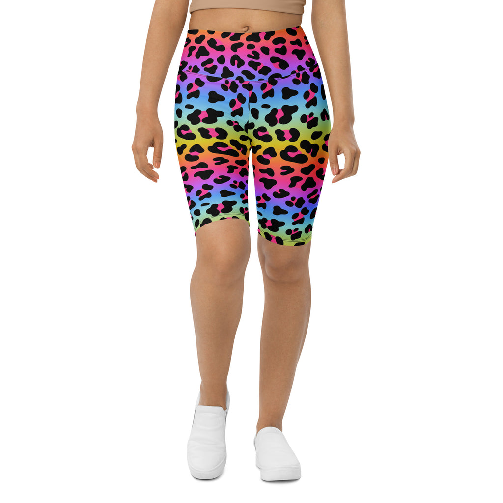 Women’s rainbow leopard high waisted biker shorts with moisture wicking fabric and active fit shown from the back