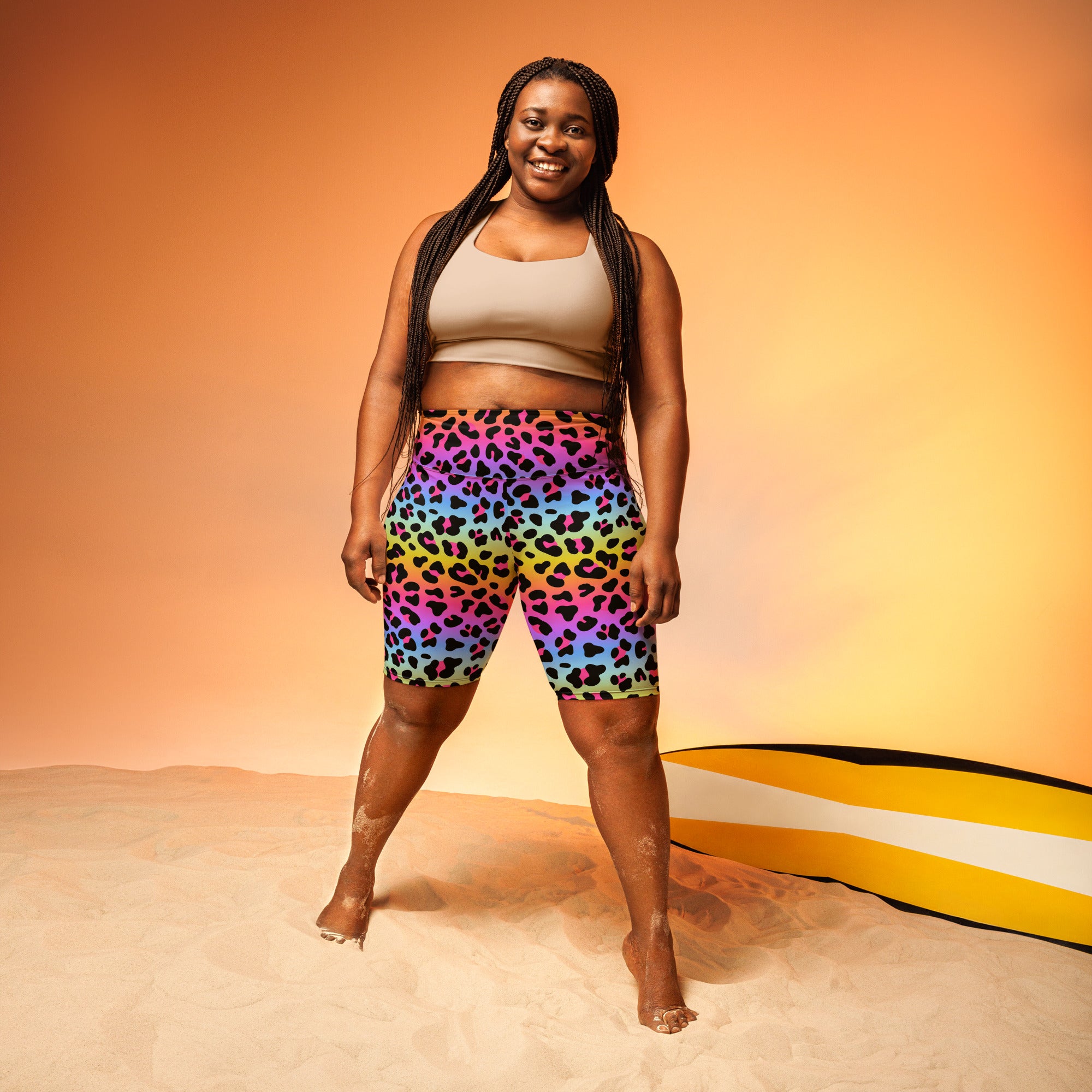 Women’s rainbow leopard high waisted biker shorts in moisture wicking fabric for active fit use