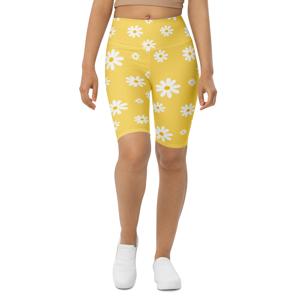 Women's Yellow Daisy High Waisted Biker Shorts - Moisture Wicking Active Fit