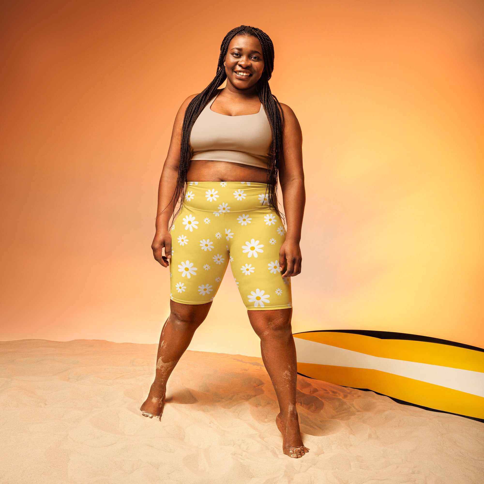 Women's Yellow Daisy High Waisted Biker Shorts - Moisture Wicking Active Fit