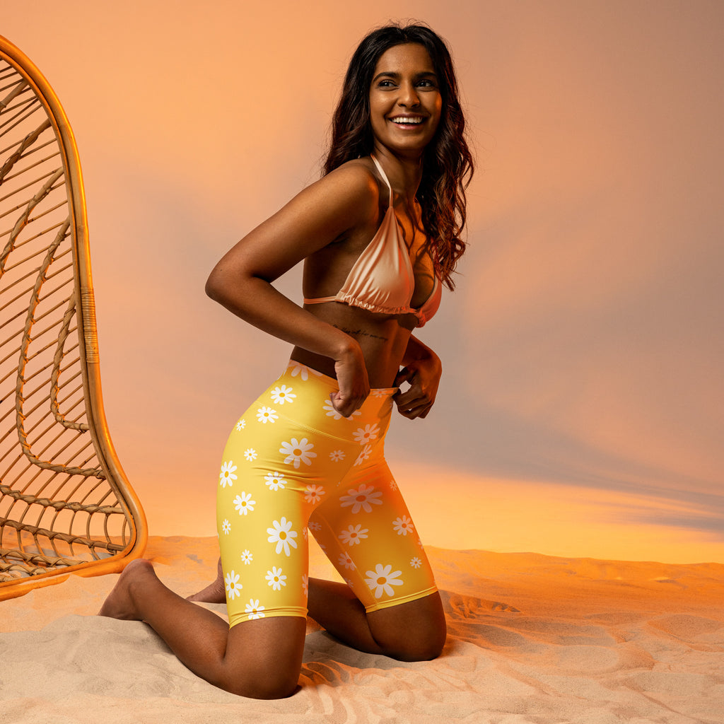 Women's Yellow Daisy High Waisted Biker Shorts - Moisture Wicking Active Fit