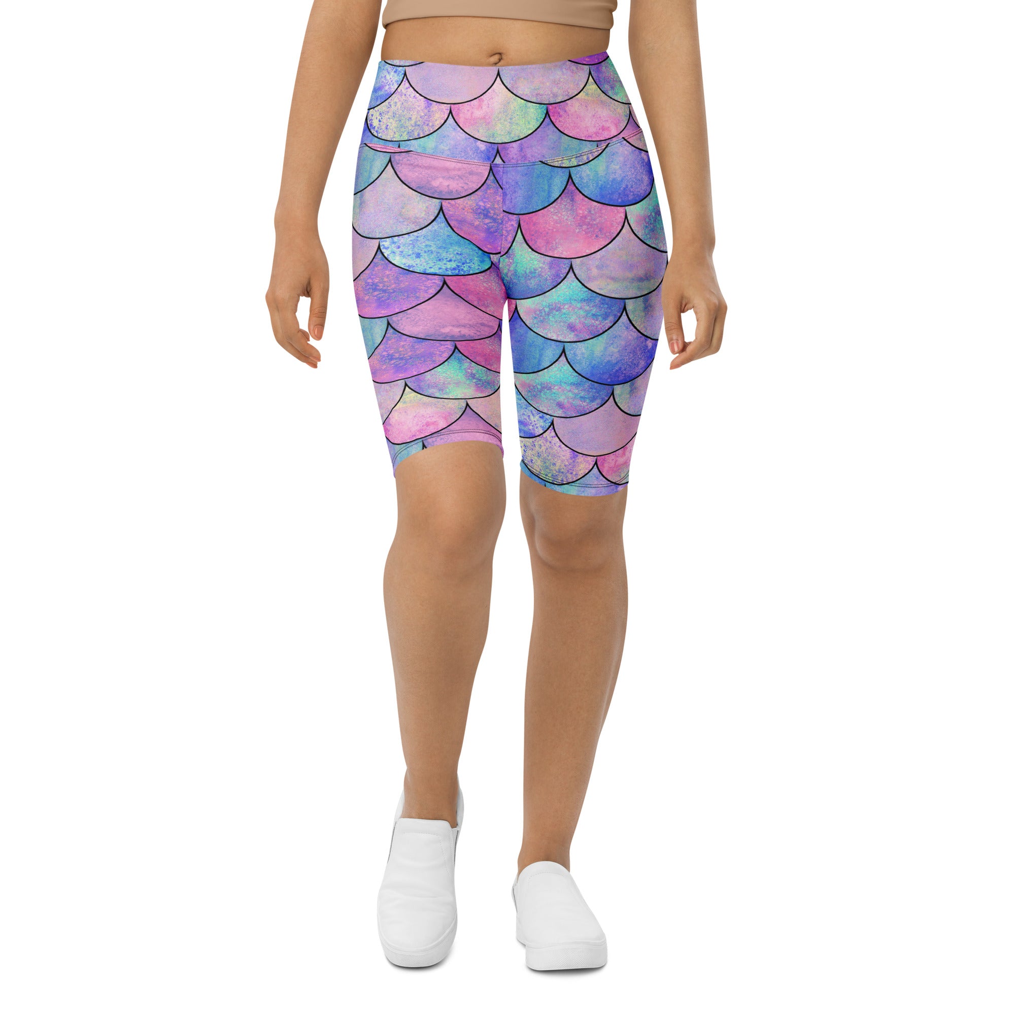 Women's Pastel Mermaid High Waisted Biker Shorts - Moisture Wicking Active Fit