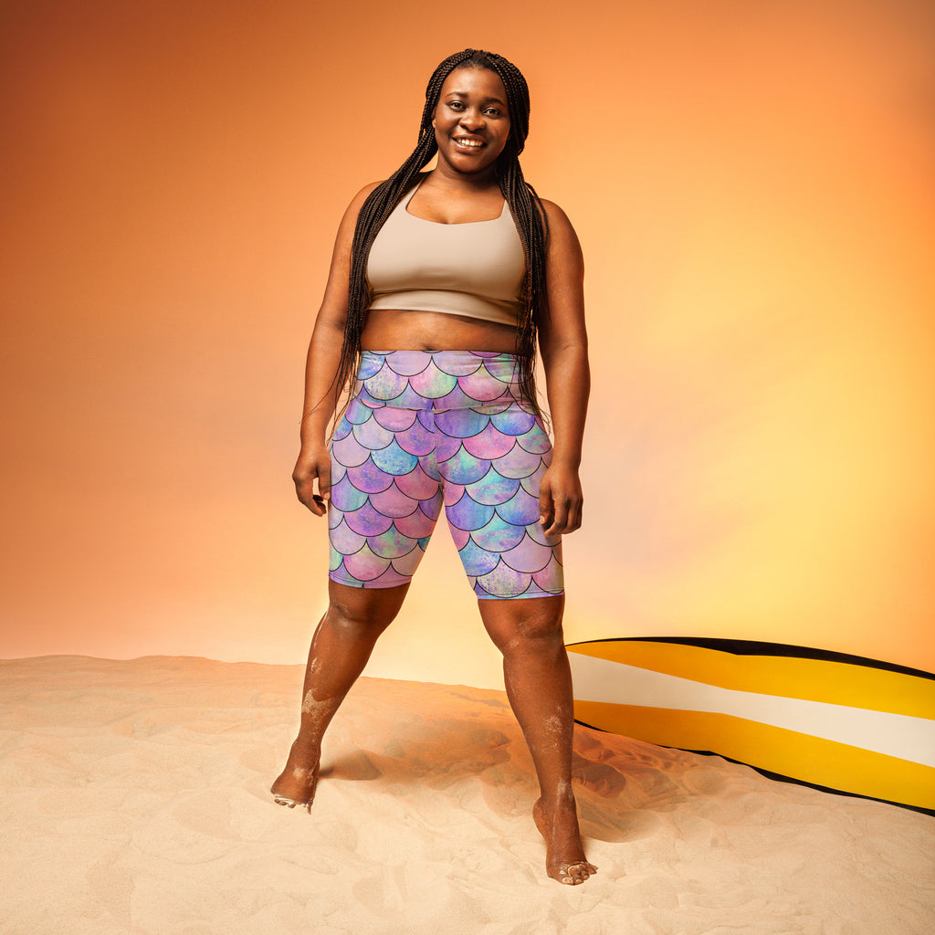Women's Pastel Mermaid High Waisted Biker Shorts - Moisture Wicking Active Fit