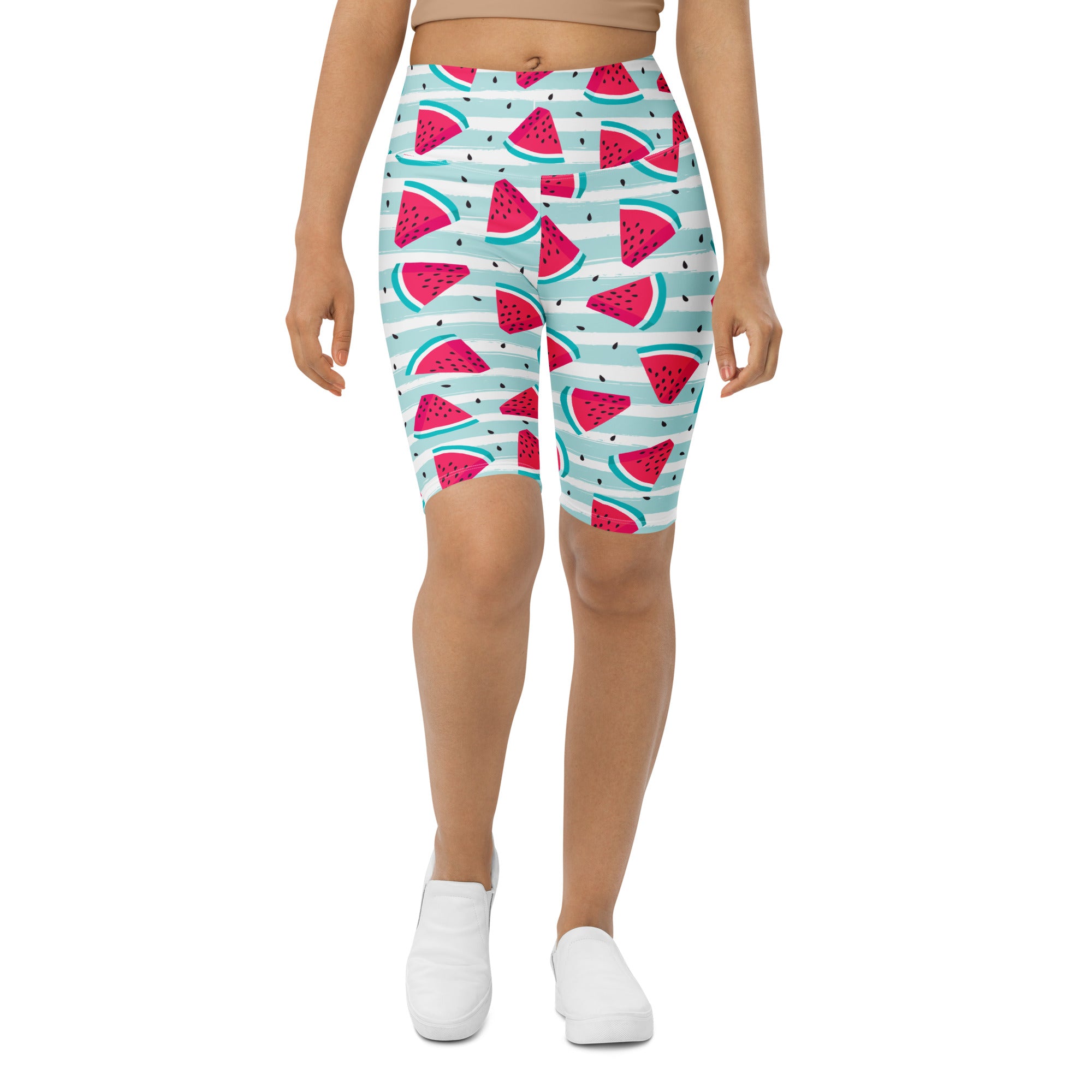 Women’s watermelon stripe high waisted bike shorts in stretchy moisture wicking fabric with light blue and white stripes