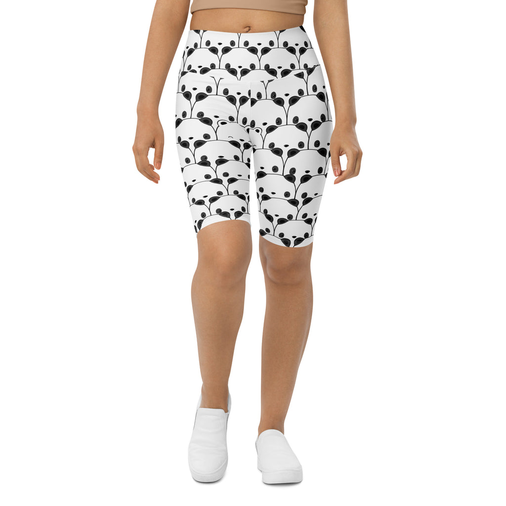 White high waisted biker shorts with black panda face pattern moisture wicking active fit for women