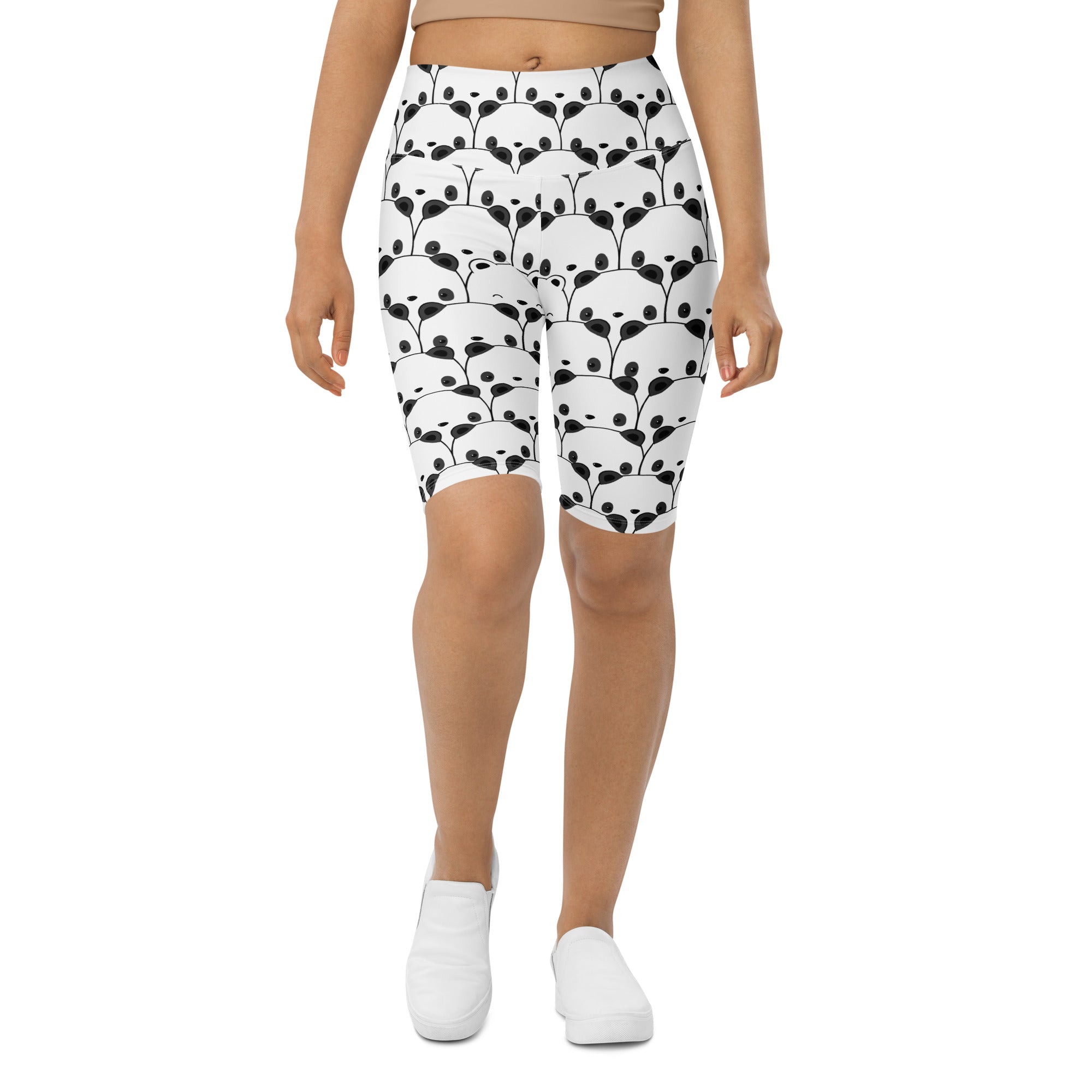 White high waisted biker shorts with black panda face pattern moisture wicking active fit for women