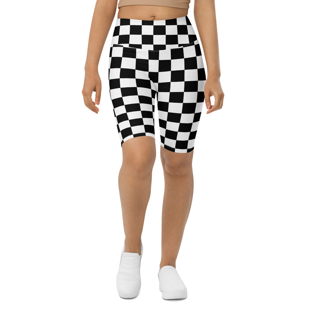 Women’s checkerboard high waisted biker shorts black and white checkered moisture wicking active fit