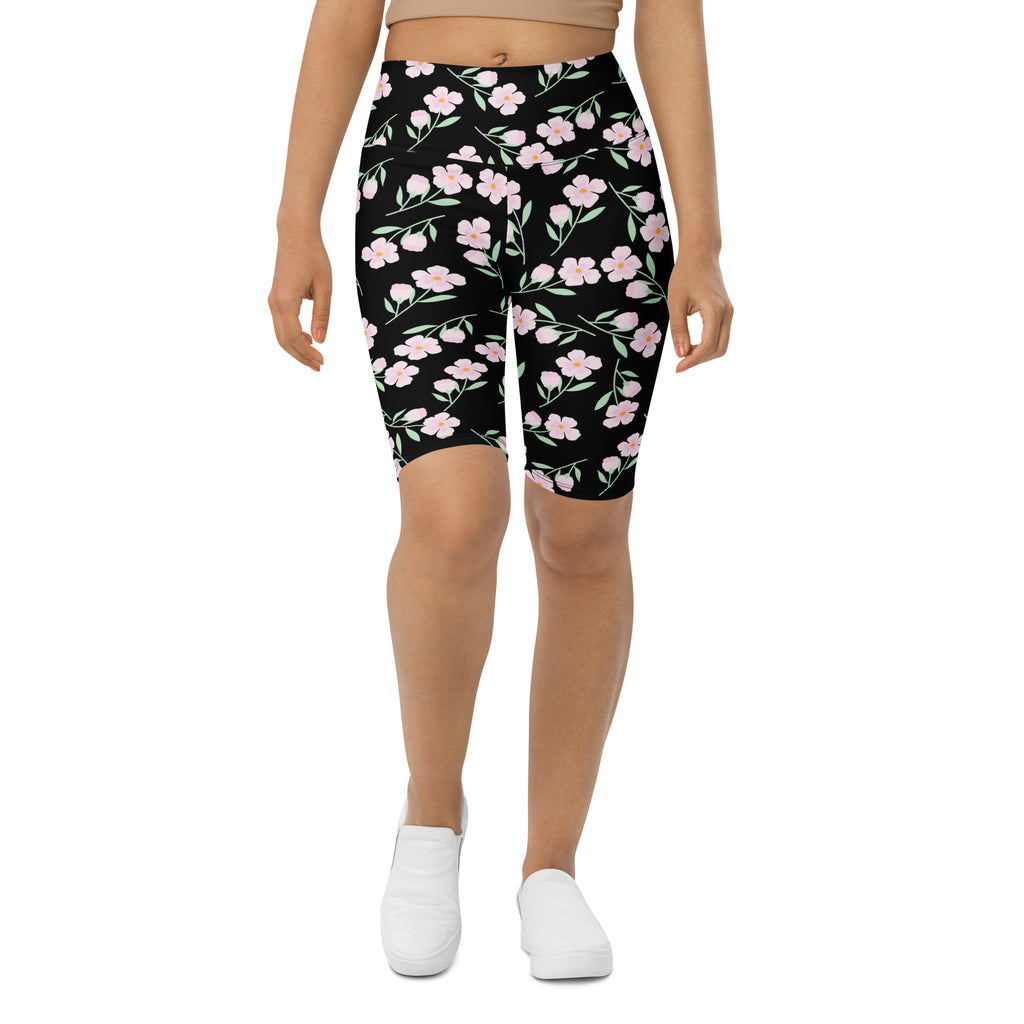 Women’s pink blossom high waisted biker shorts black floral pattern with pink blossoms and green stems moisture wicking