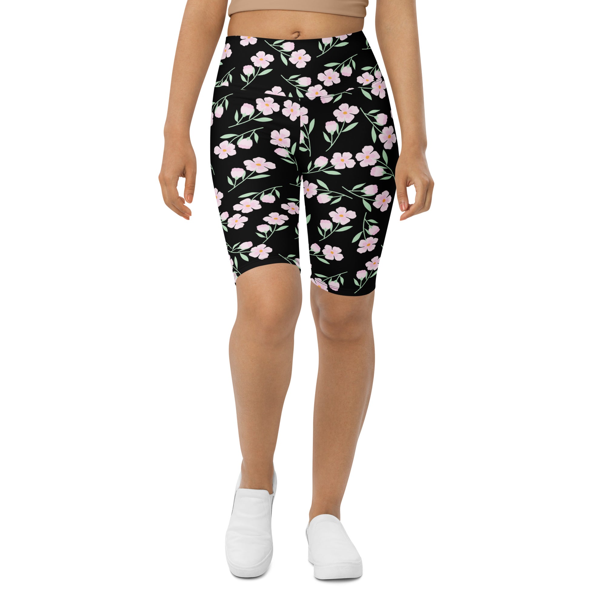 Women’s pink blossom high waisted biker shorts black floral pattern with pink blossoms and green stems moisture wicking