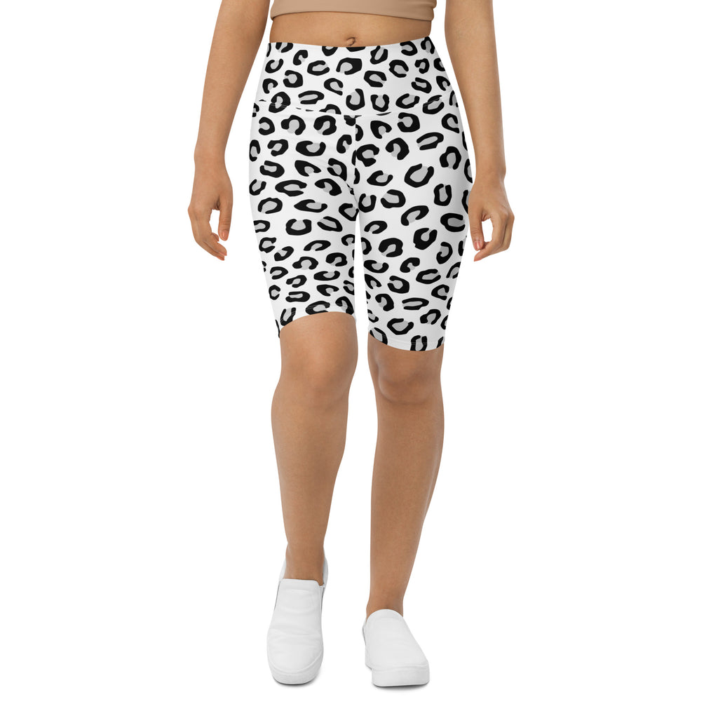 Women’s white leopard high waisted biker shorts with bold black print moisture wicking active fit