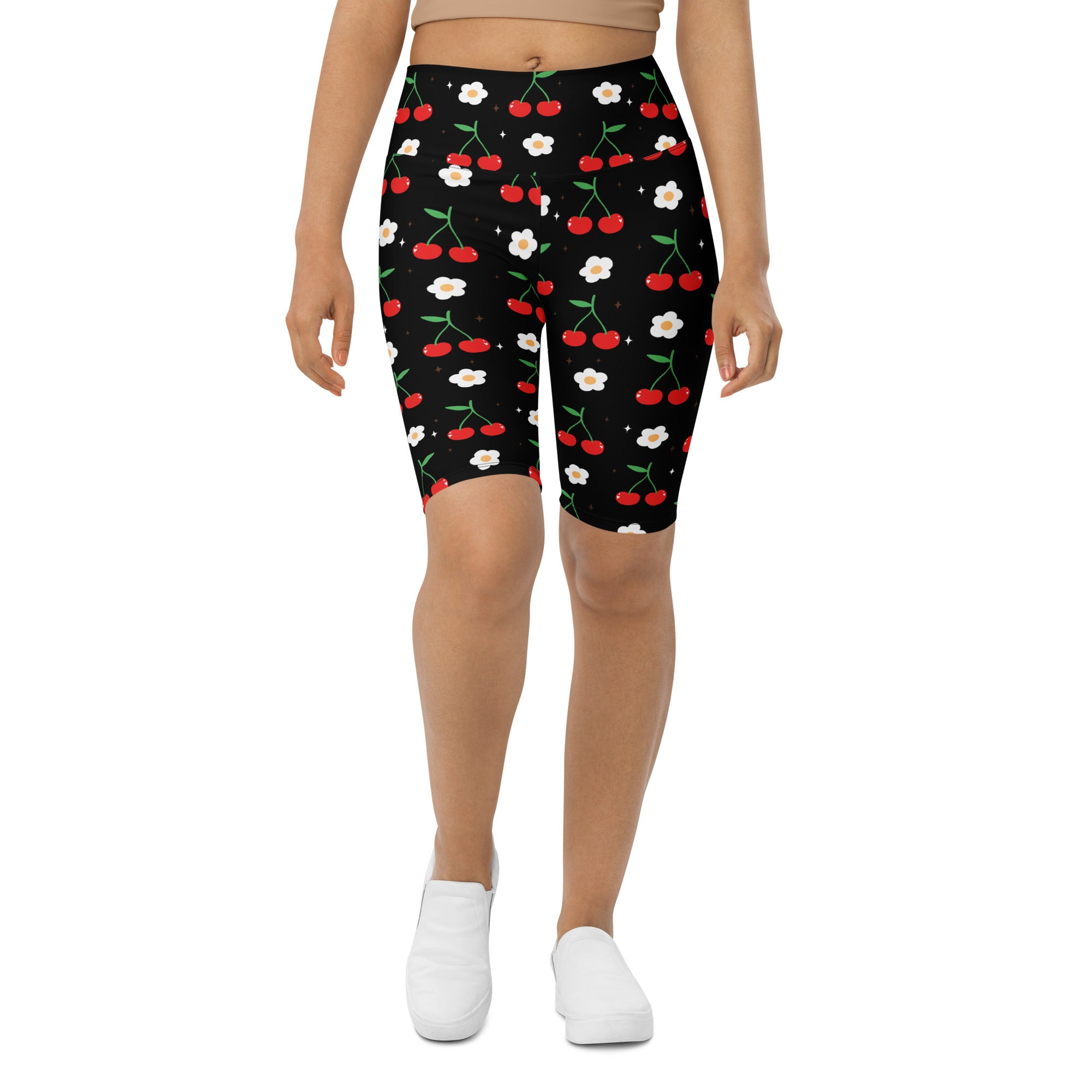 Women’s cherry blossom high waisted moisture wicking biker shorts with black cherry and white flower pattern