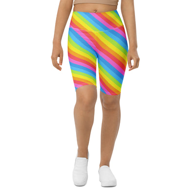 Women's Rainbow Stripe High Waisted Biker Shorts - Moisture Wicking Active Fit