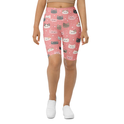 Women’s cute pink cat faces high waisted biker shorts with gray white and black cartoon faces and moisture wicking fit
