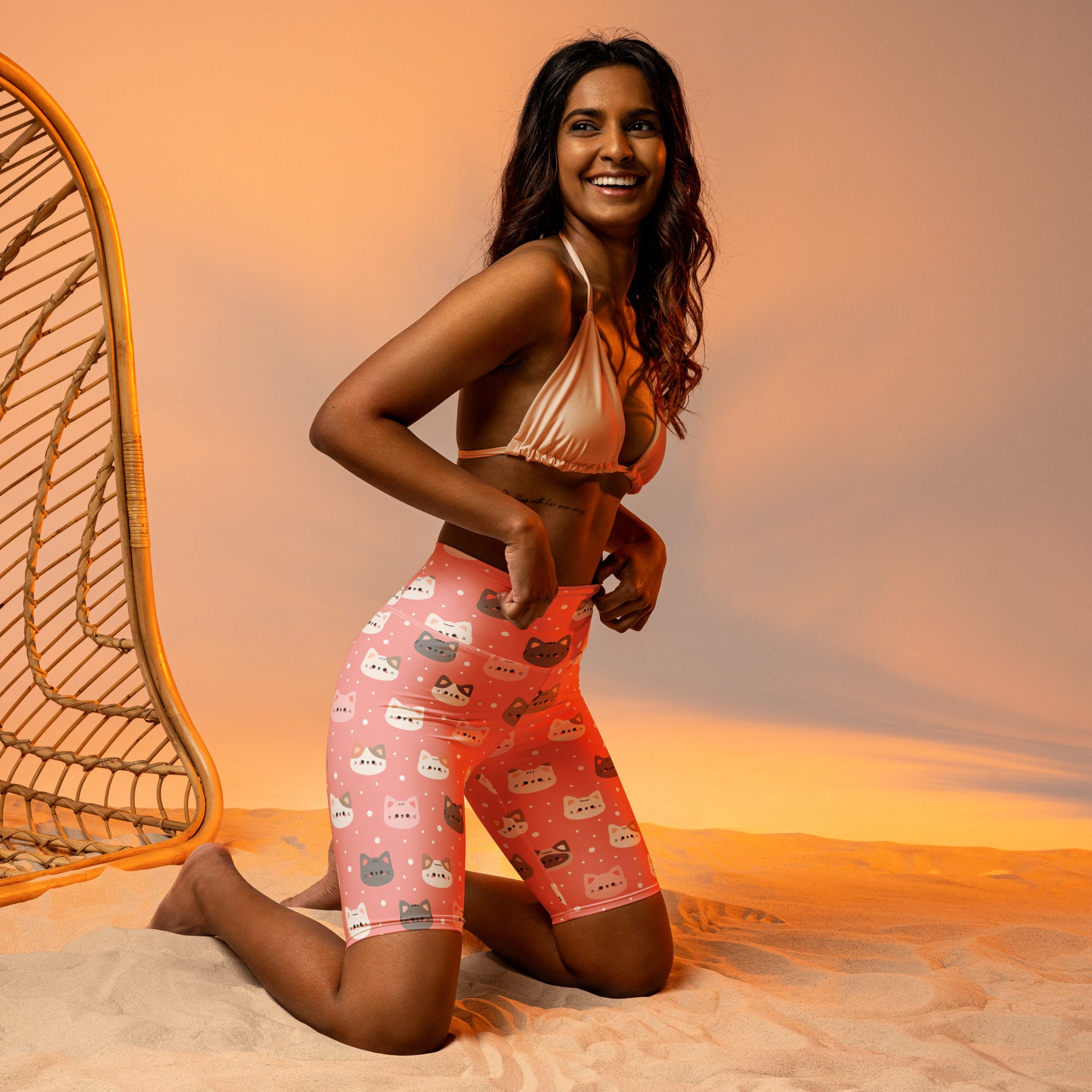Women’s cute pink cat faces high waisted biker shorts with playful cartoon cats and moisture wicking active fit