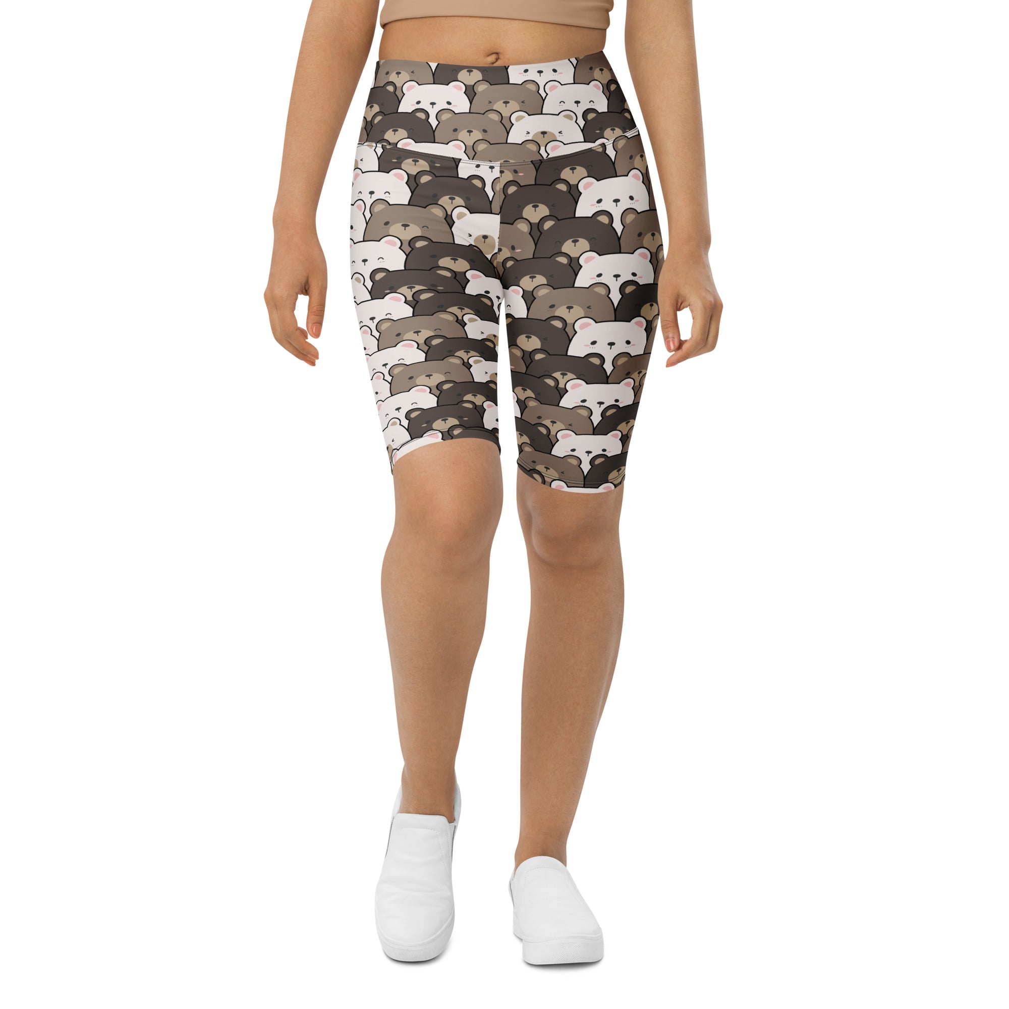 Women’s bear face high waisted biker shorts with moisture wicking fabric featuring white and brown bear faces on dark background