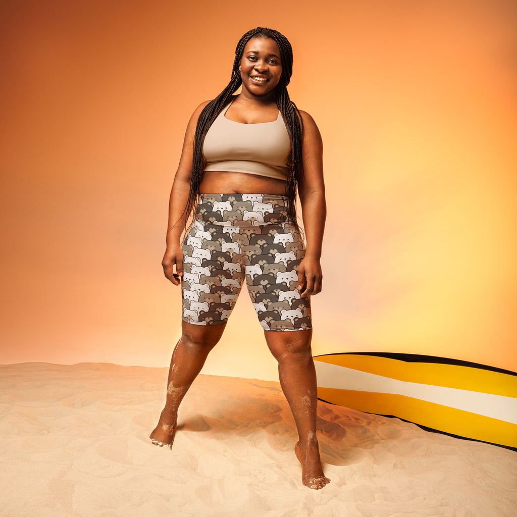 Women’s high waisted moisture wicking bike shorts in dark gray with gray and white cartoon bear pattern