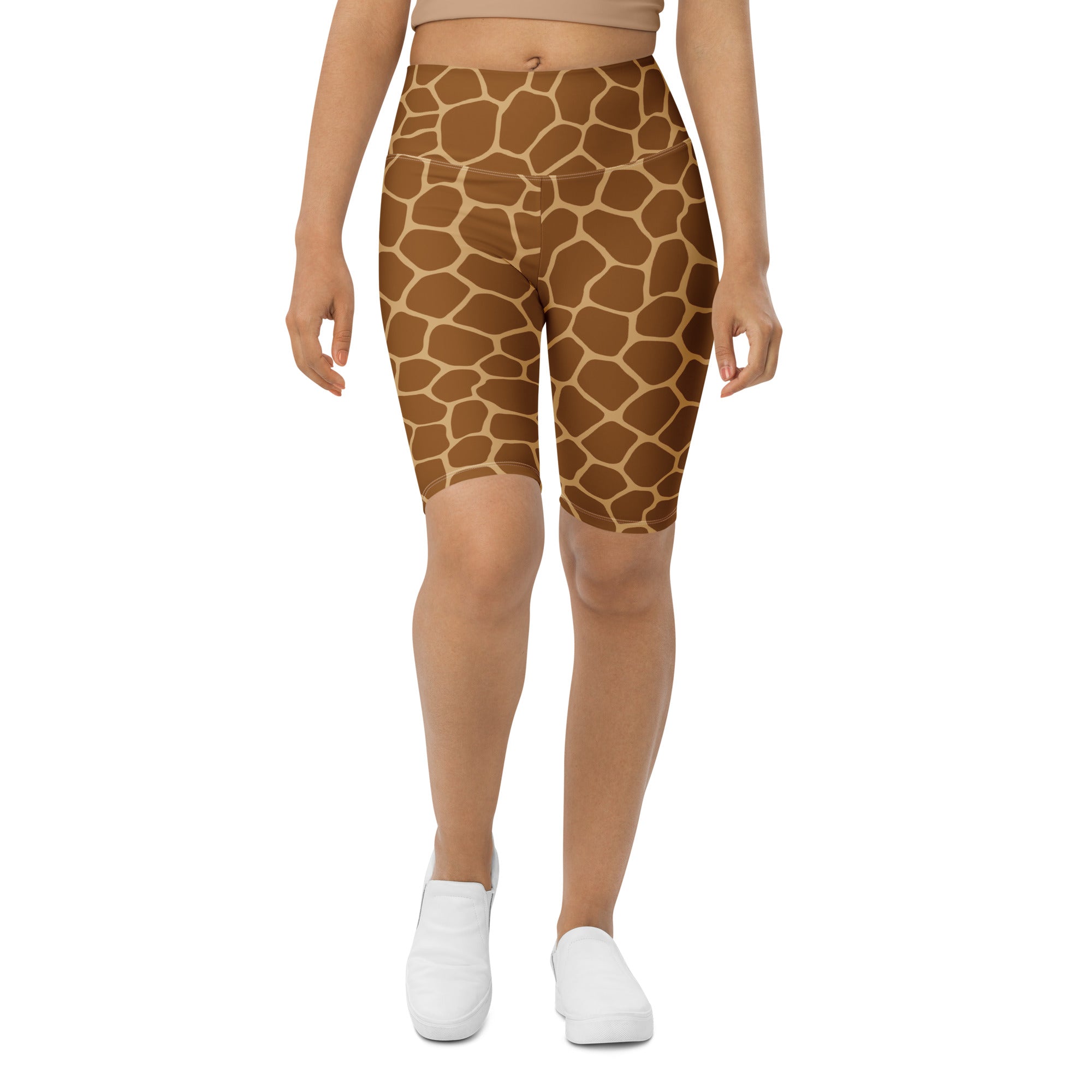 Women’s giraffe print high waisted bike shorts in brown with moisture wicking fabric for active fit workouts