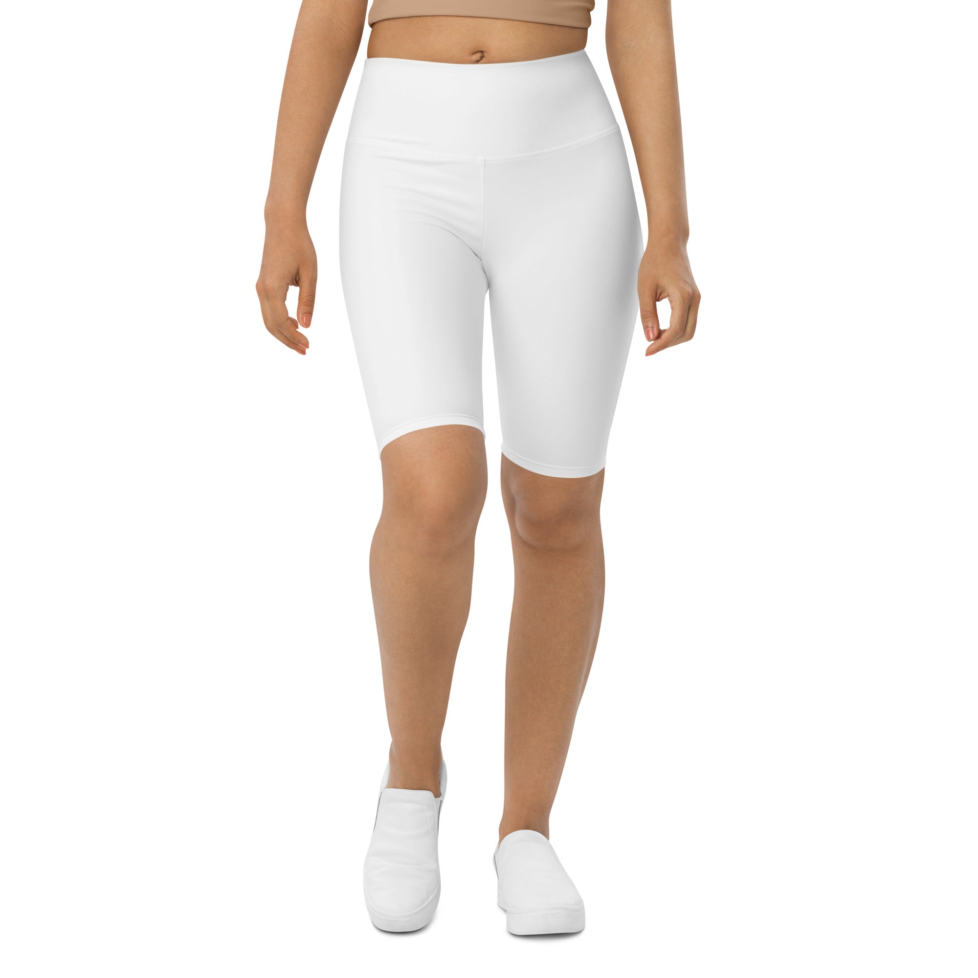 Women’s white high waisted biker shorts with smooth moisture wicking fabric for active fit use