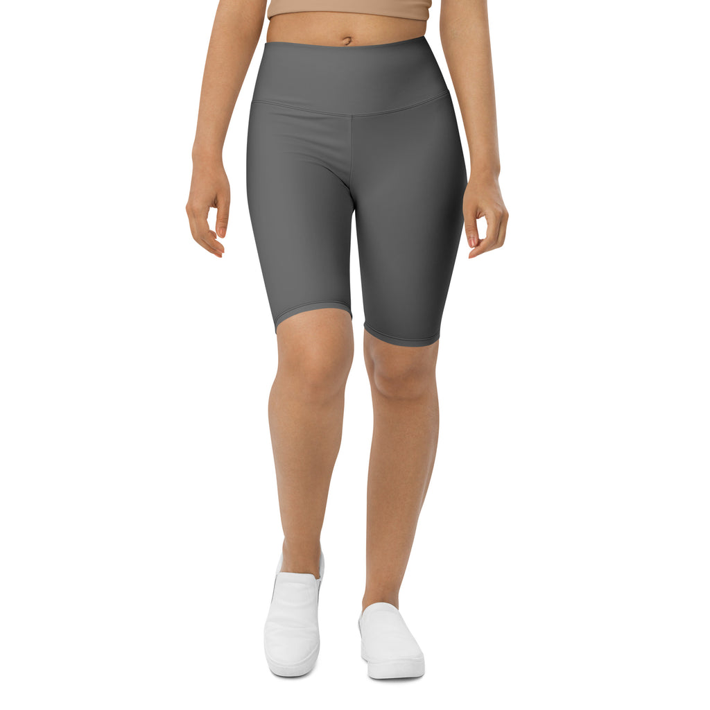 Women’s gray high waisted biker shorts made of stretchy moisture wicking fabric for active fit