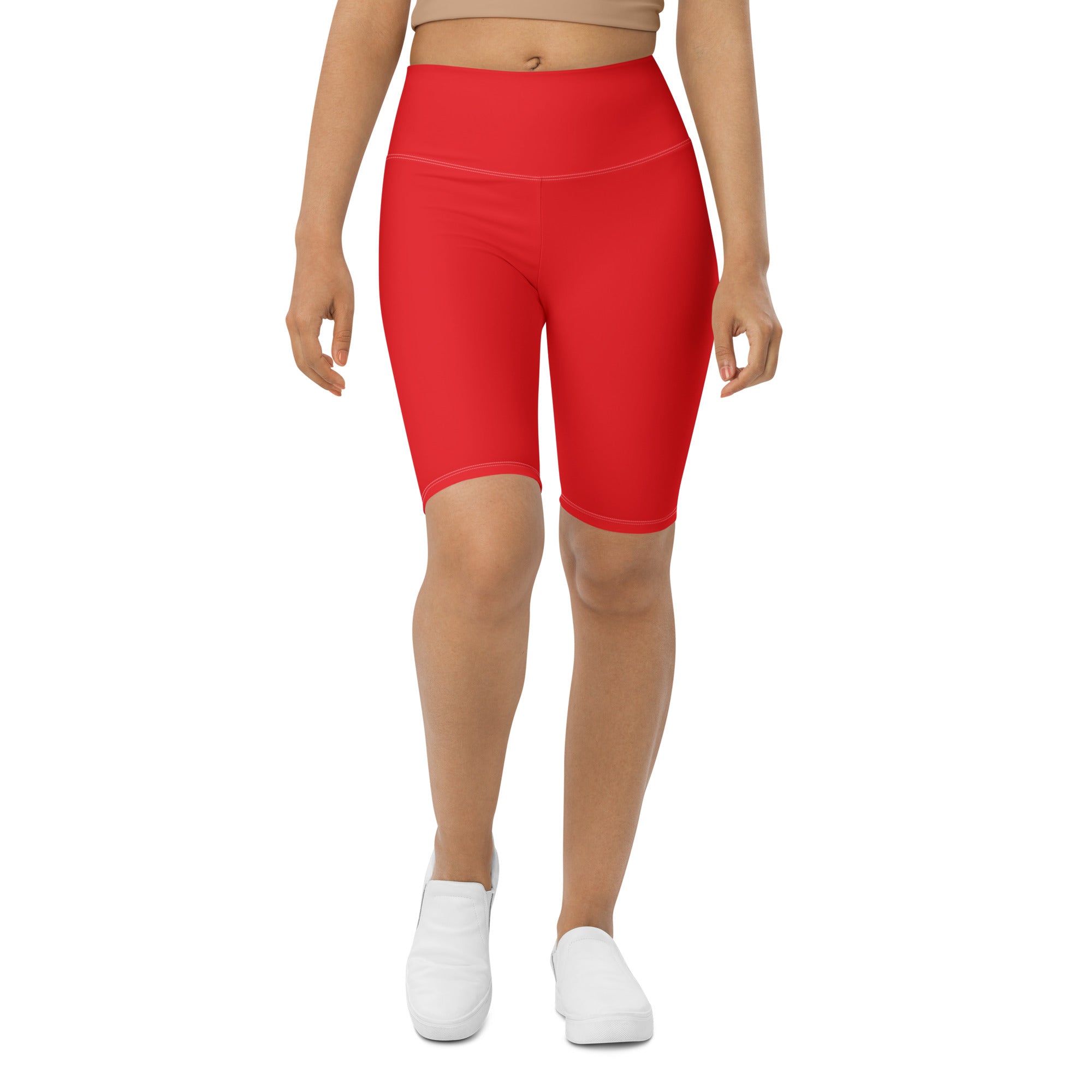 Women’s red high waisted biker shorts with moisture wicking fabric for active fit and comfort