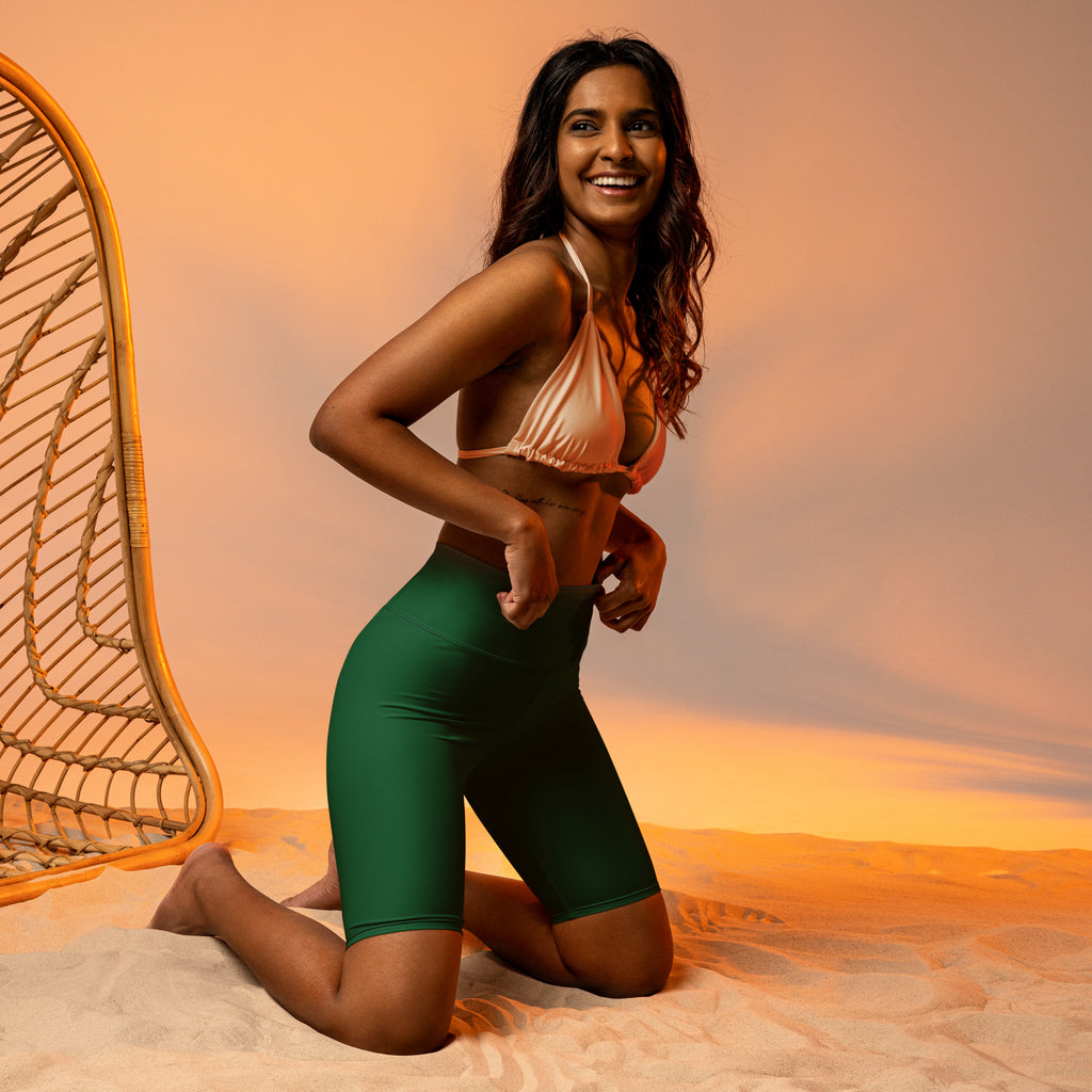 Women's Dark Green High Waisted Biker Shorts - Moisture Wicking Active Fit