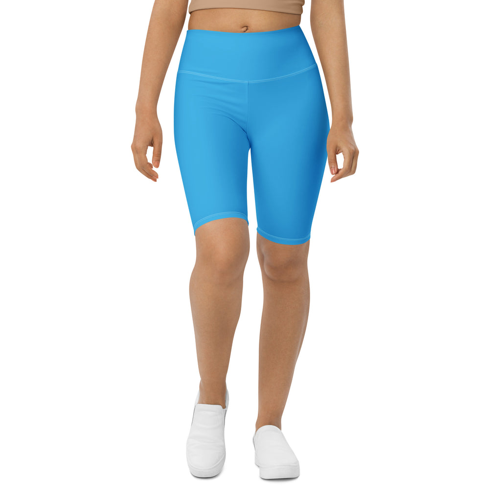 Bright blue high waisted bike shorts made of stretchy moisture wicking fabric for active fit performance