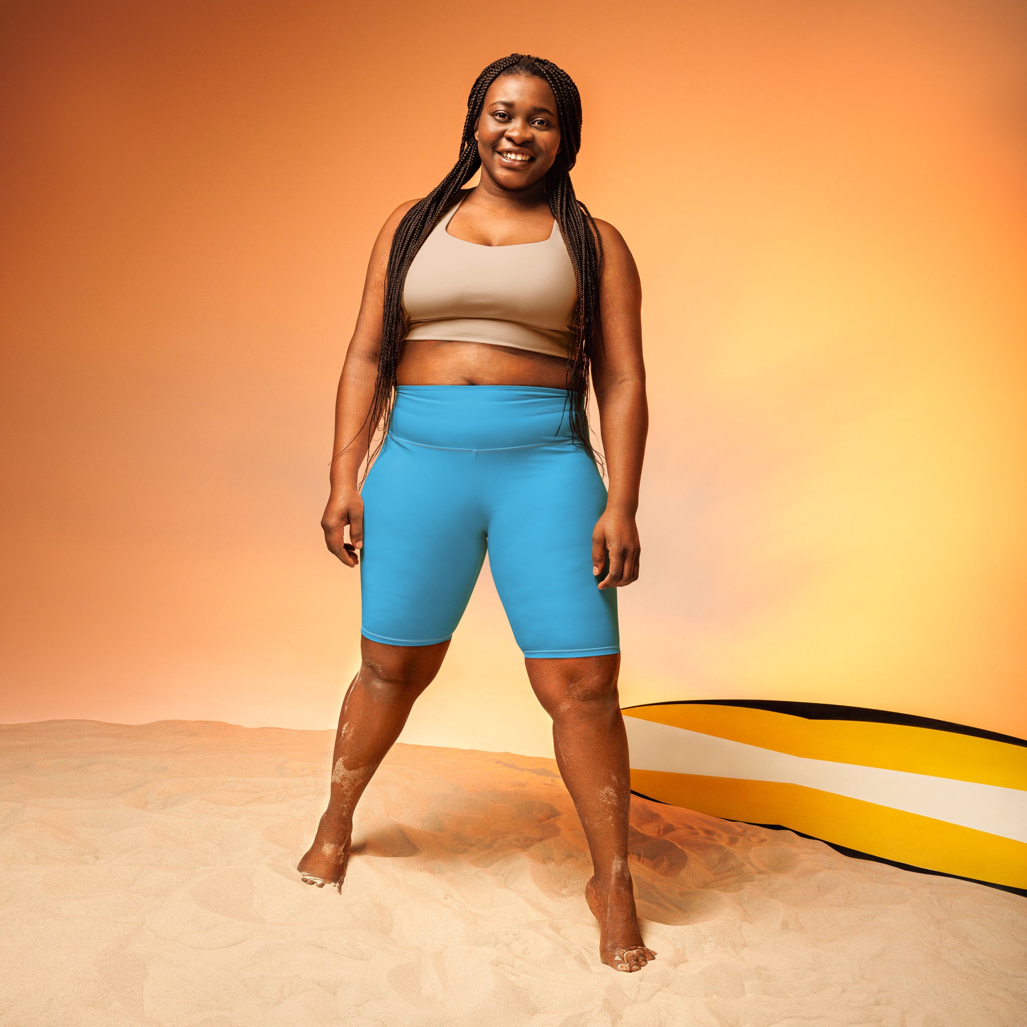 Women’s sky blue high waisted biker shorts with moisture wicking fabric for active fit and comfort