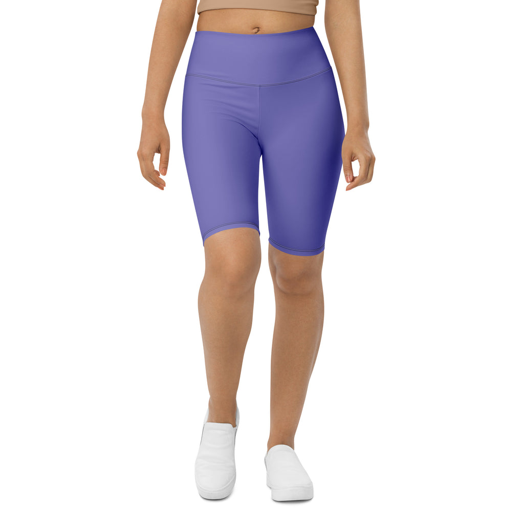 Women’s purple high waisted biker shorts made of stretchy moisture wicking fabric for active fit