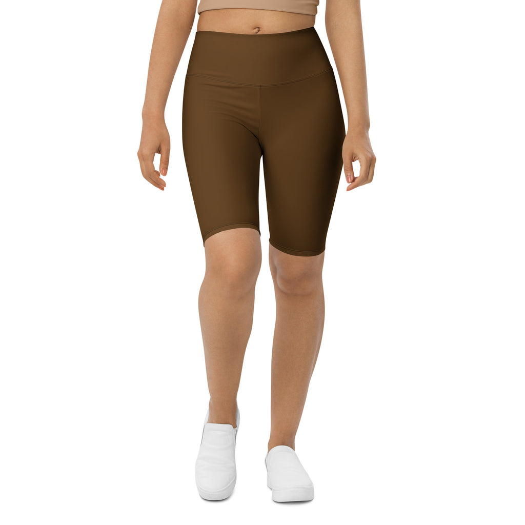Women’s brown high waisted biker shorts made of stretchy moisture wicking fabric for active fit
