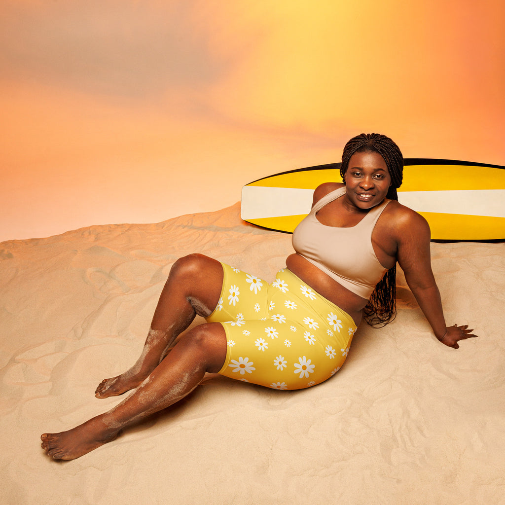 Women's Yellow Daisy High Waisted Biker Shorts - Moisture Wicking Active Fit