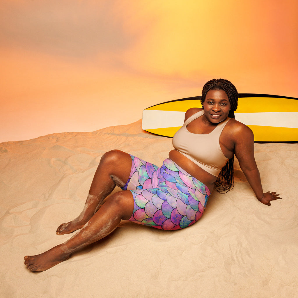 Women's Pastel Mermaid High Waisted Biker Shorts - Moisture Wicking Active Fit