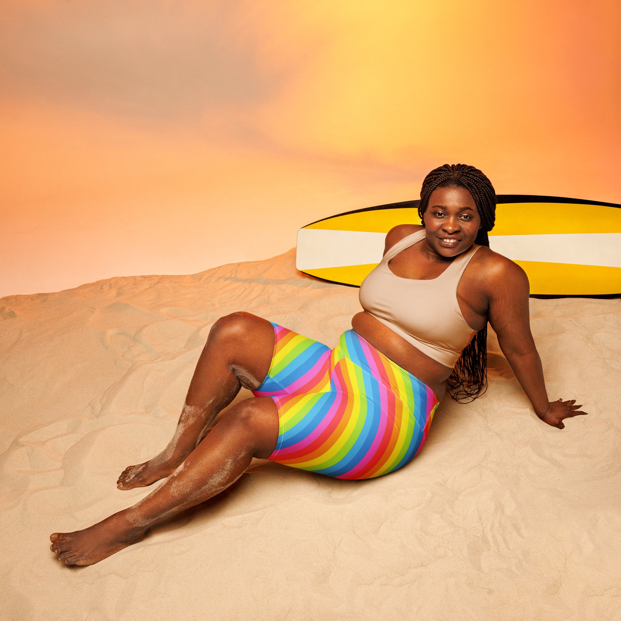 Women's Rainbow Stripe High Waisted Biker Shorts - Moisture Wicking Active Fit