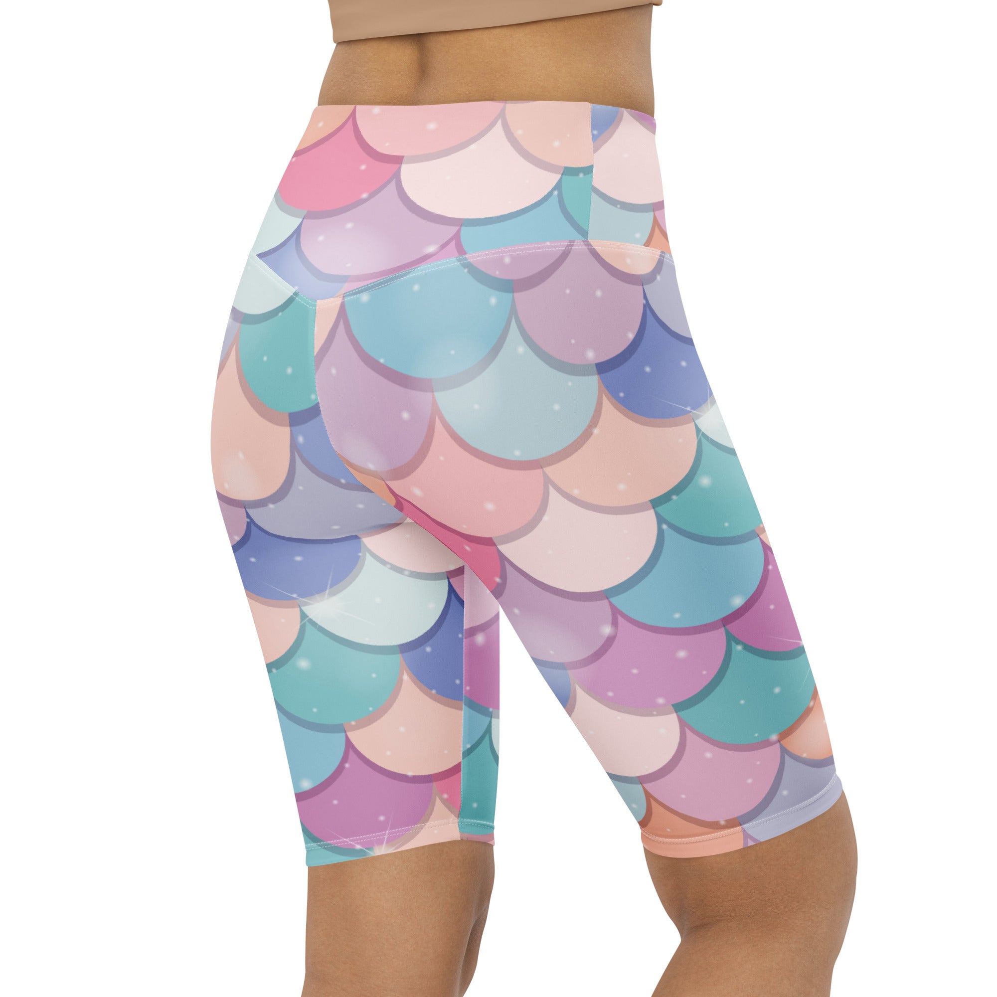 Women’s rainbow mermaid high waisted biker shorts with pastel mermaid scale pattern moisture wicking active fit
