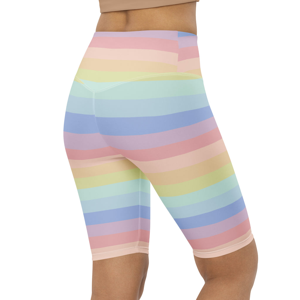 Women’s pastel rainbow striped high waisted bike shorts moisture wicking active fit shown from the back side