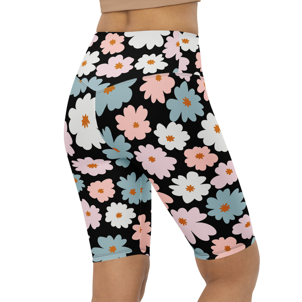 Women’s retro floral high waisted moisture wicking bike shorts black with pastel pink white blue daisies