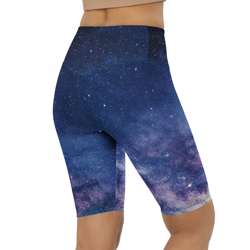 Women’s realistic galaxy high waisted biker shorts with vibrant cosmic print in blues and purples moisture wicking fit