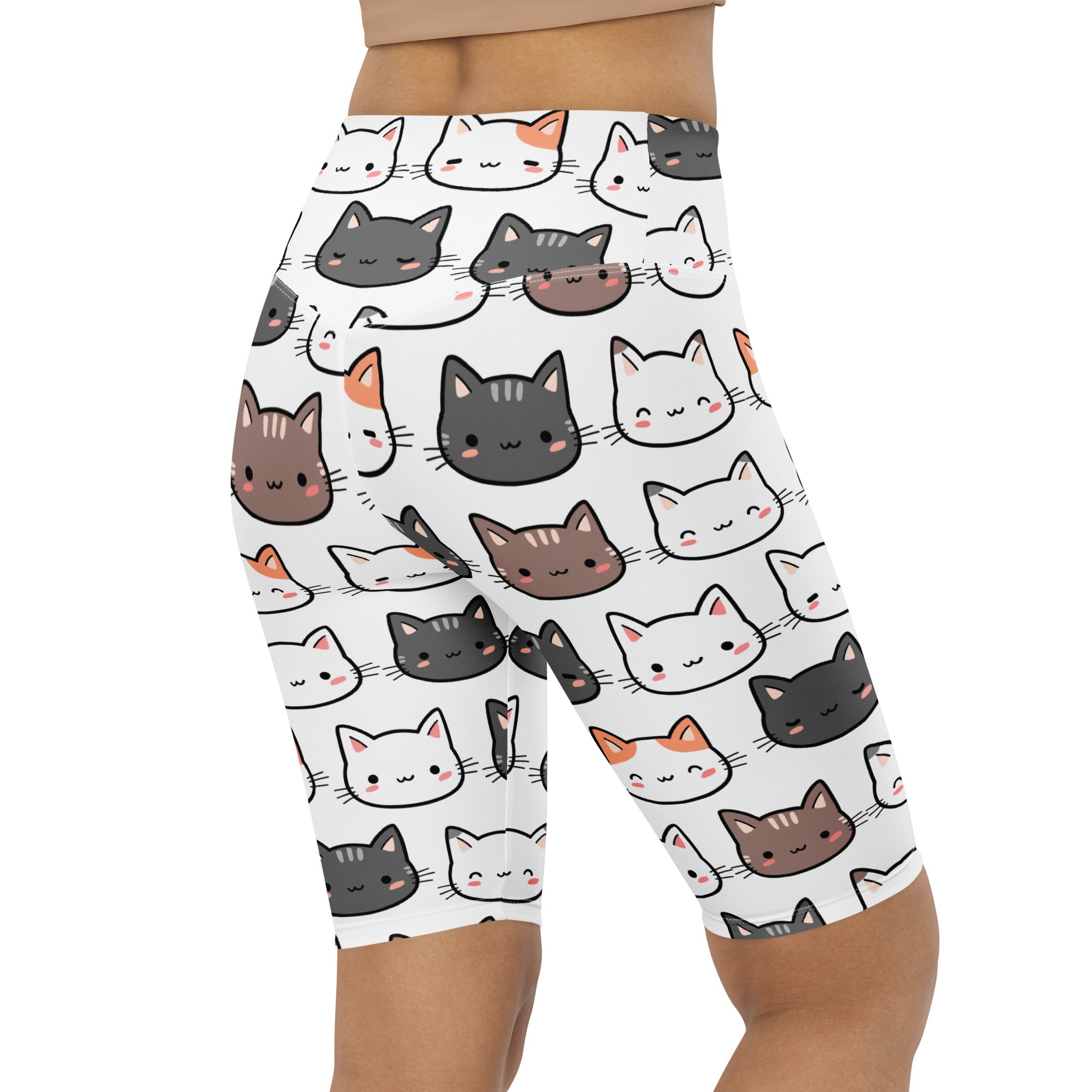 White high waisted moisture wicking biker shorts with colorful cartoon cats for women in active fit