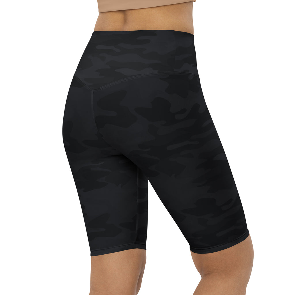 Women’s black camouflage high waisted biker shorts with moisture wicking fabric for active fit use showing front view