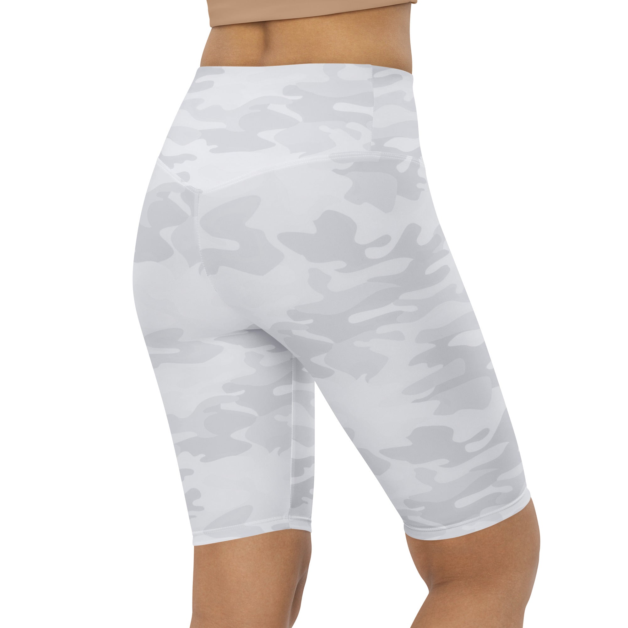 Women’s white and gray camouflage high waisted bike shorts with moisture wicking fabric for active fit use