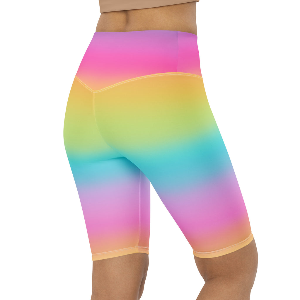 Women’s bright rainbow high waisted biker shorts in stretchy moisture wicking fabric for active fit