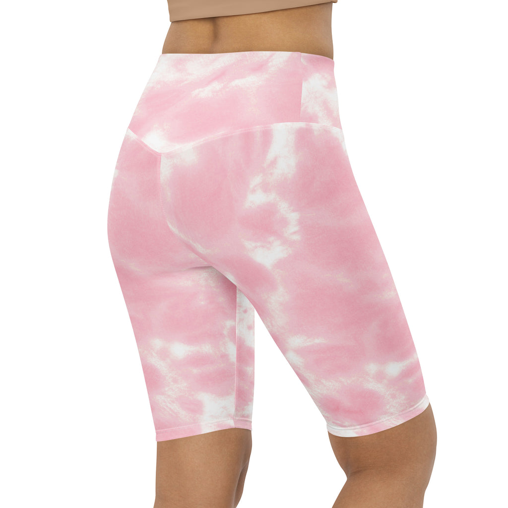 Pink and white tie-dye high waisted bike shorts for women with moisture wicking active fit material
