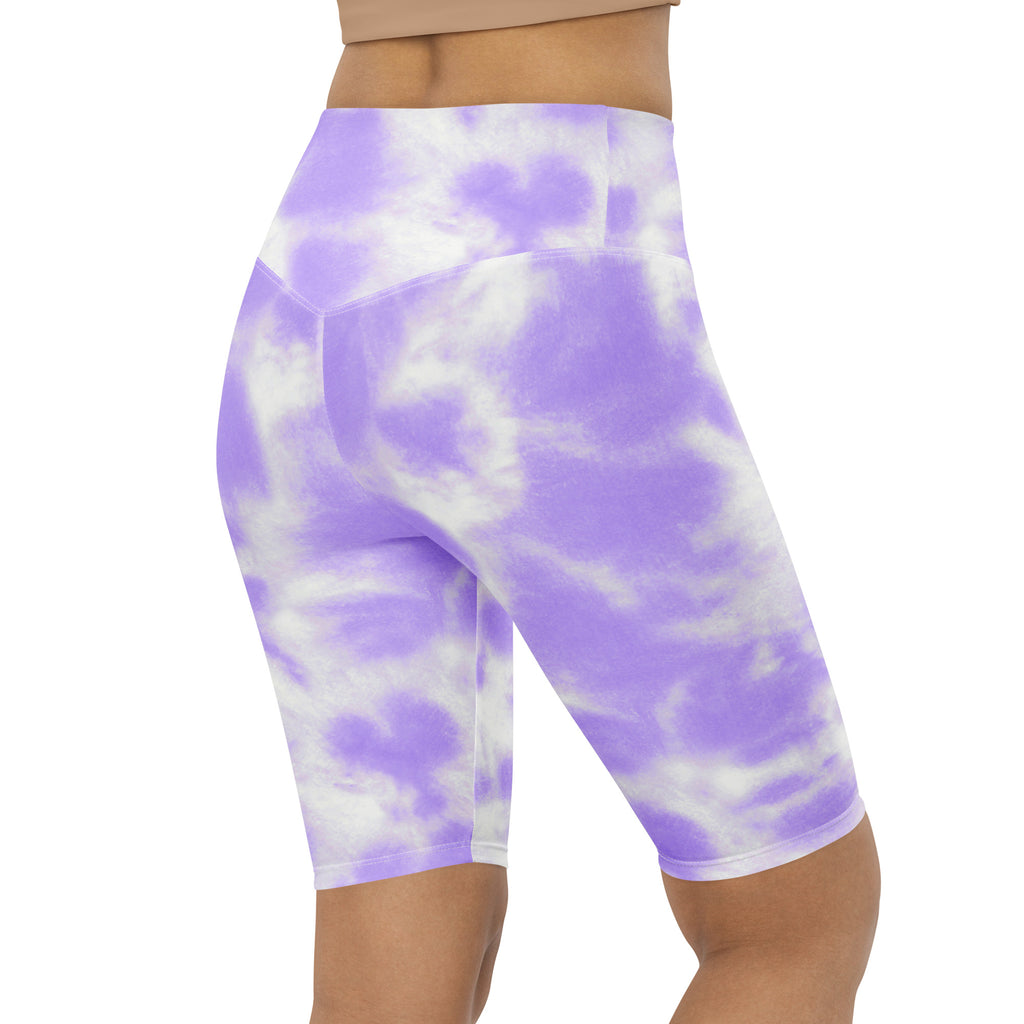 Women’s purple and white tie-dye high waisted bike shorts with moisture wicking fabric for active fit use