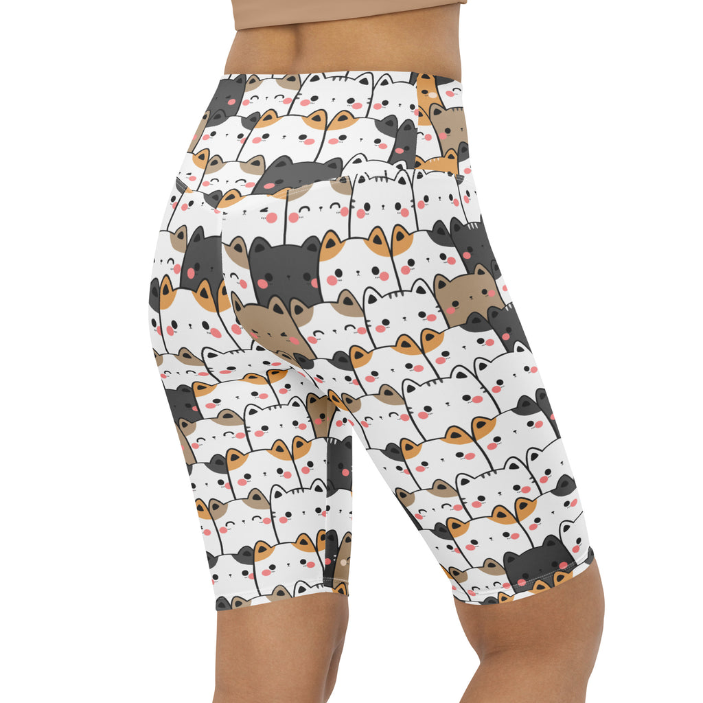 White women’s kawaii cat high waisted biker shorts with cartoon cat pattern and moisture wicking active fit