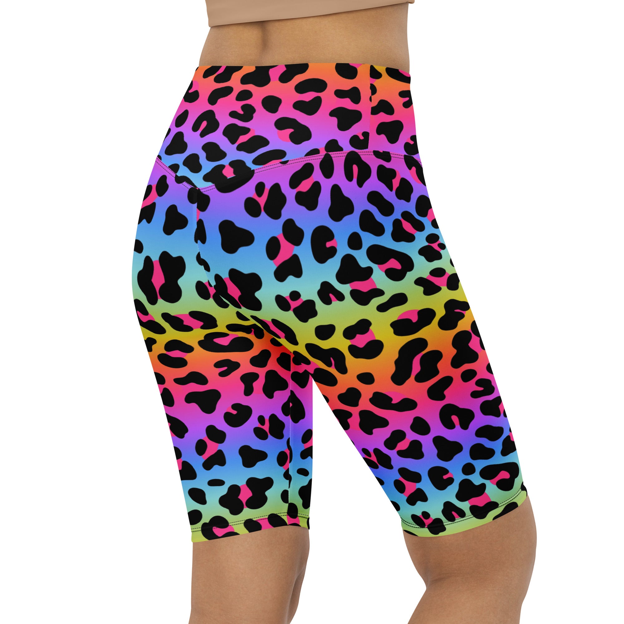 Women’s rainbow leopard high waisted biker shorts with vibrant gradient print moisture wicking active fit
